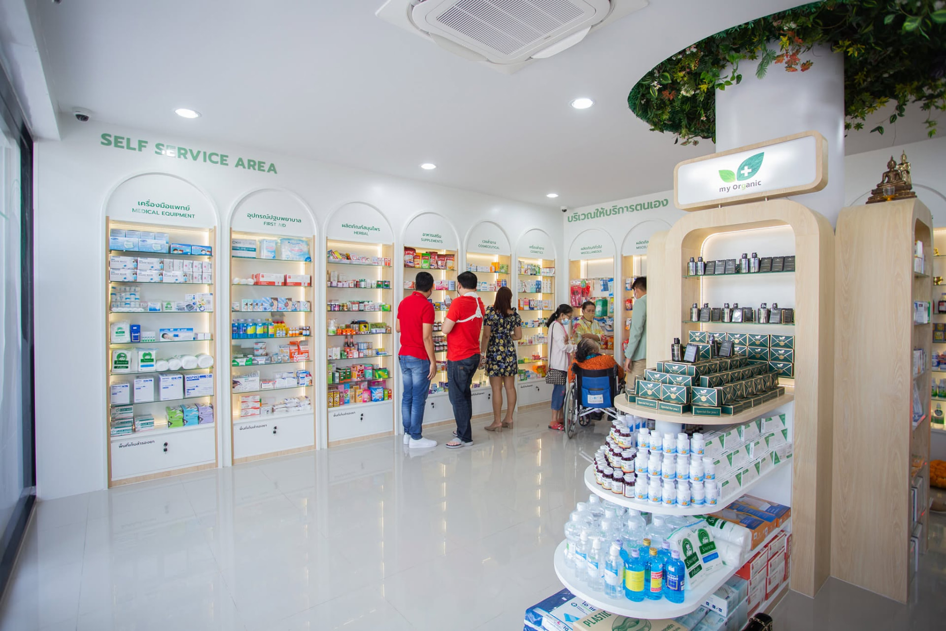 ภายในร้านขายยา MyPharma ผนังขาวสะอาด ตู้ยาซุ้มโค้งกรอบไม้